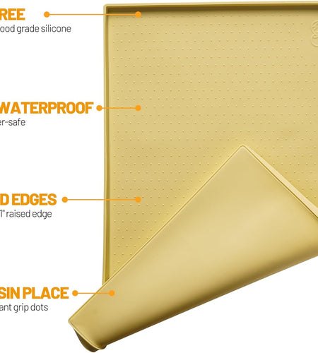 Dog Feeding Mat,Silicone Pet Food and Water Bowl Placemat,Dishwasher, High Raised Edge to Prevent Spills,Nonslip Waterproof Tray to Stop Messes on Floor (24"X16"X0.5", Yellow)