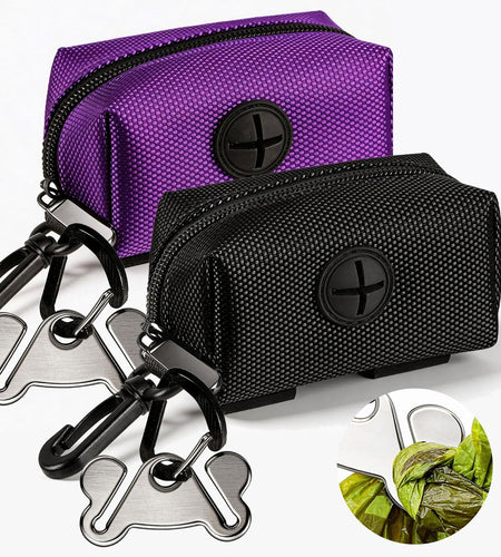 2 Pack Dog Poop Bag Holder for Leash Attachment - Waste Bag Dispenser for Leash - Fits Any Dog Leash - Portable Set with 1 Hand Free Holder Metal Carrier - Black&Purple