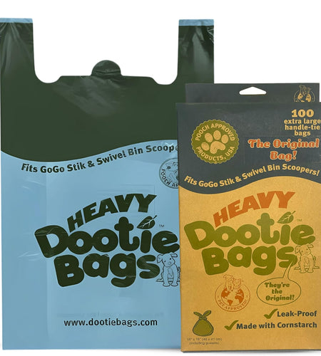 HEAVY Dootie Bags® VERY LARGE Dog and Cat Waste Poop Bags. 100 Count Strong Multi-Use, Leakproof with EZ Tie Handles and Gussets. Made with Corn Starch. Fits  and Swivel Bin Pooper Scoopers.