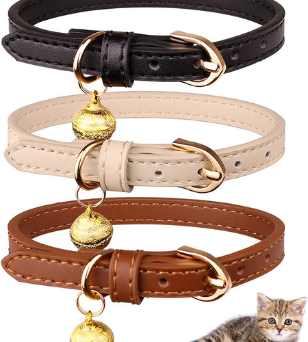 3 Pack Leather Cat Collars with Bells Soft Pet Safety Collar Kitten Collars with Bell Black Chocolate Beige(Xs)