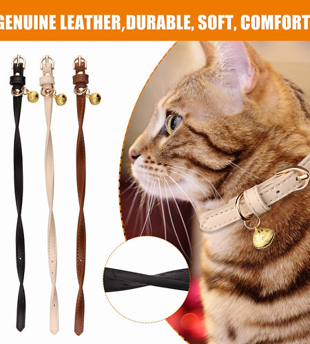 3 Pack Leather Cat Collars with Bells Soft Pet Safety Collar Kitten Collars with Bell Black Chocolate Beige(Xs)